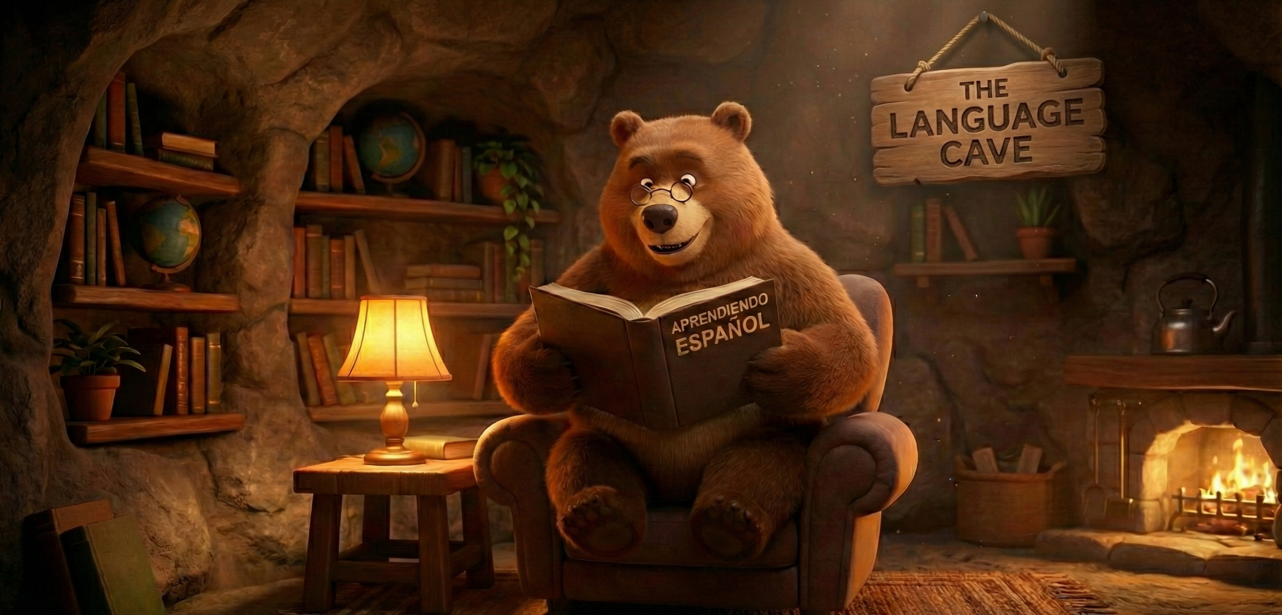 should be the main banner of the website, a bear in a cave learning spanish